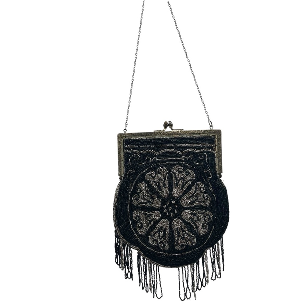 ANTIQUE 1920s Vintage Flapper Era Black Beaded Evening Bag Purse With Mirror
